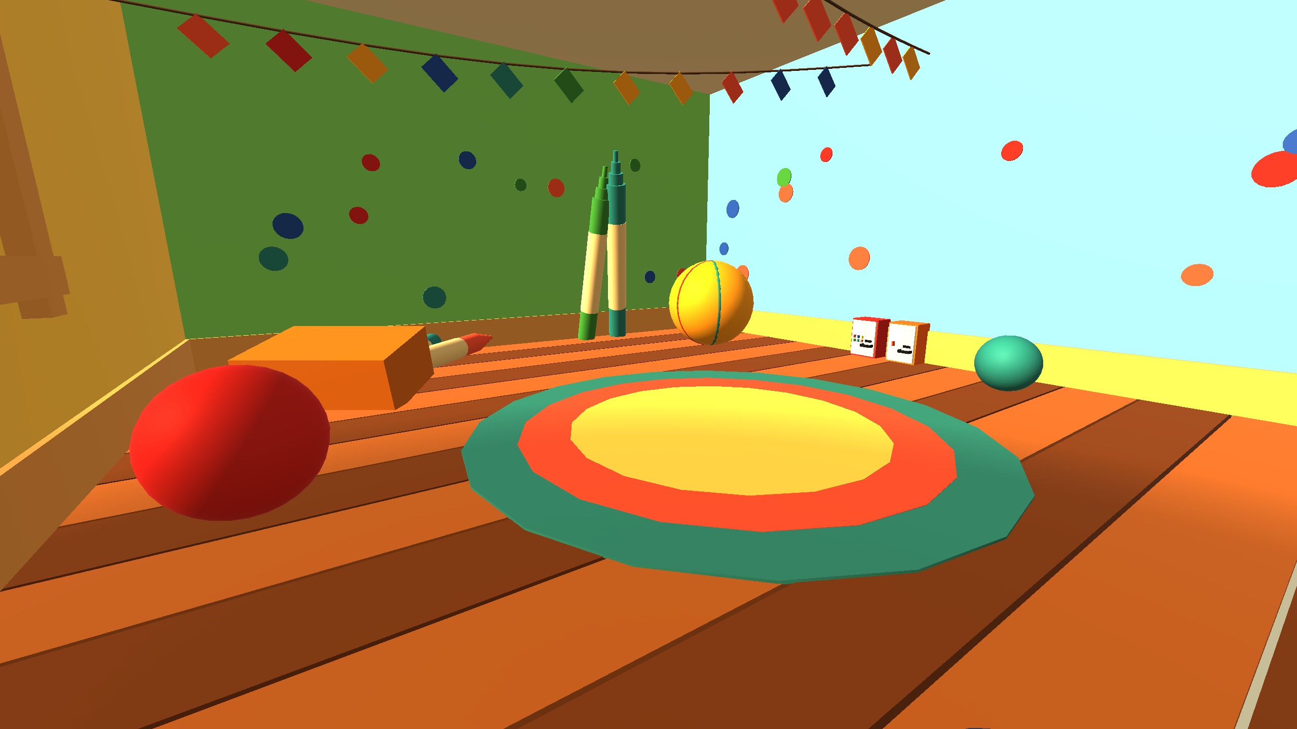 The Toy Room — colourful walls, bunting, round rug, giant crayons and balls